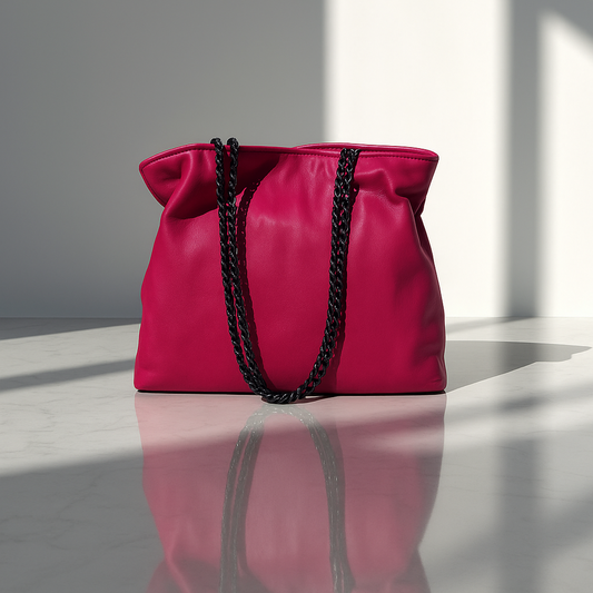 Pink handbag with black braided handles on a reflective surface