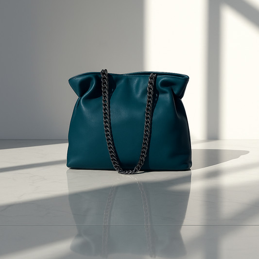 Teal handbag with a chain detail on a reflective surface with light and shadow play.