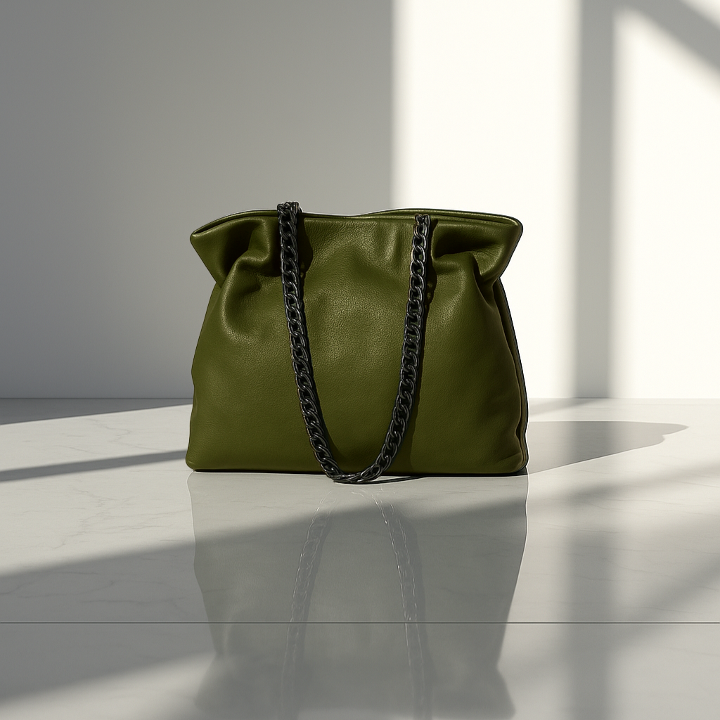 Green handbag with black chain detail on a white surface with light casting shadows.