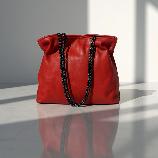Red handbag with black chains on a reflective surface