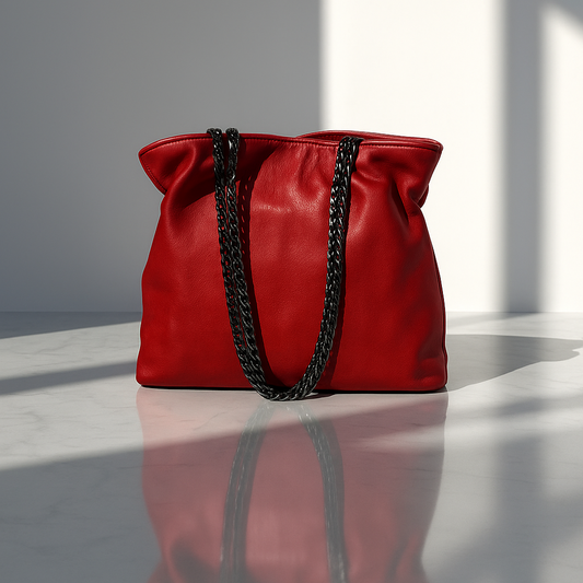 Red handbag with black chain handles on a reflective surface with light and shadow effects.