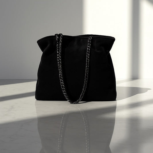 Black handbag with a chain detail on a reflective surface with light and shadow play.