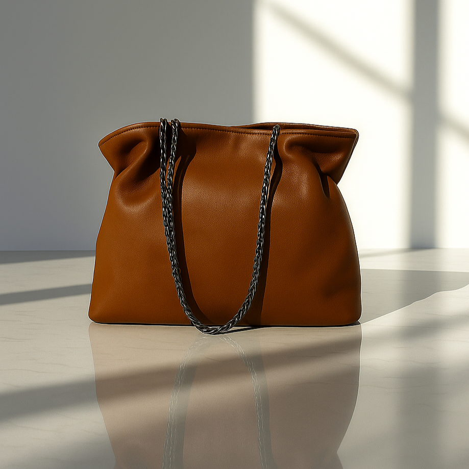 Caramel Brown small leather handbag with a chain detail on a reflective surface with light and shadow effects.
