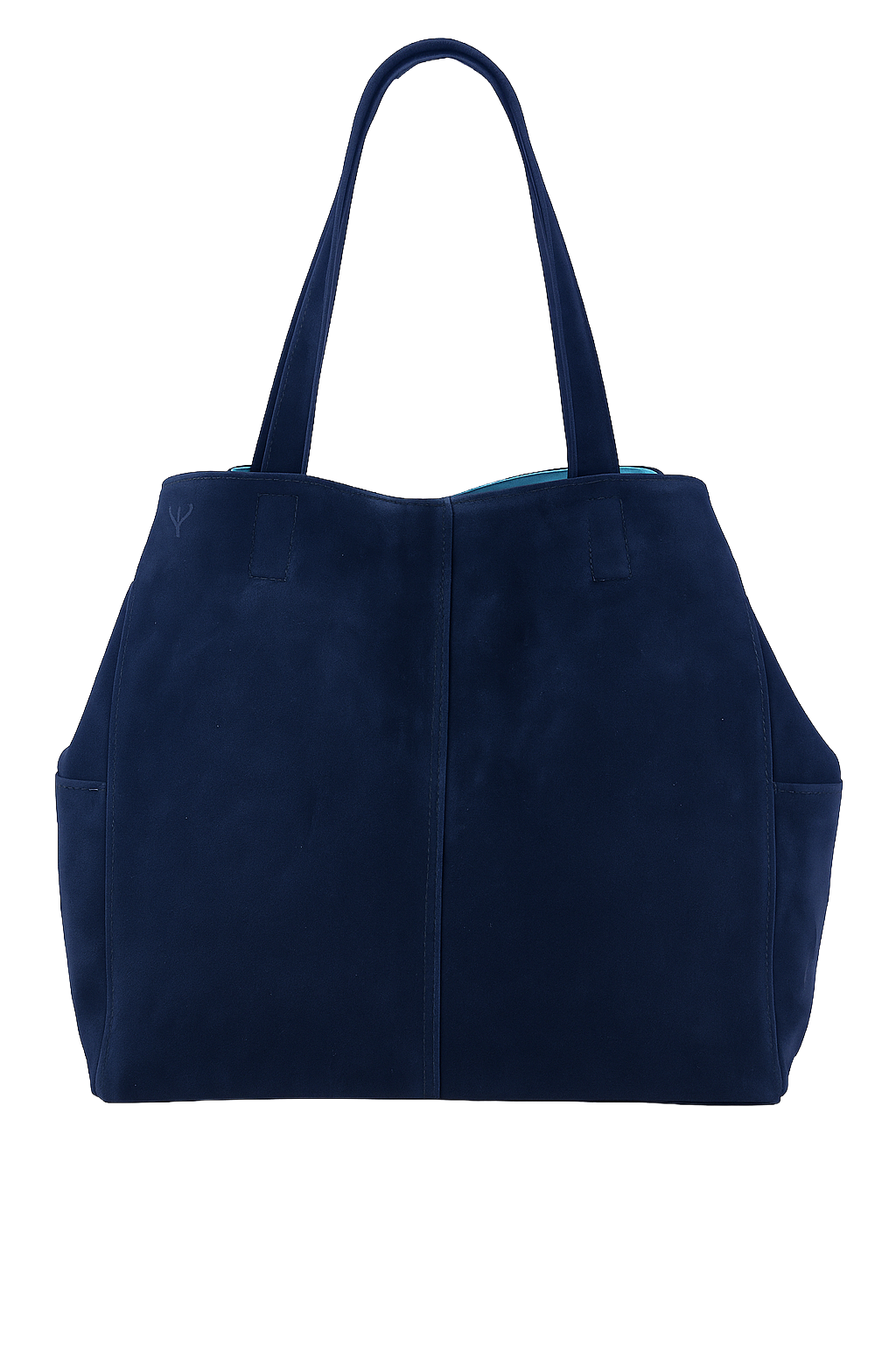 Navy blue suede tote bag on a white background