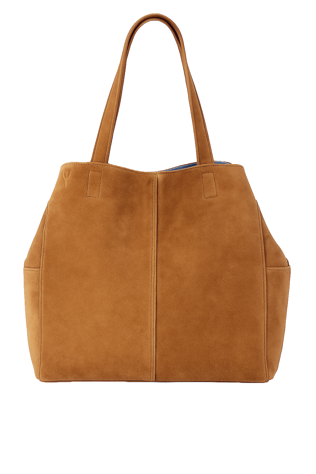Tan suede tote bag on a white background