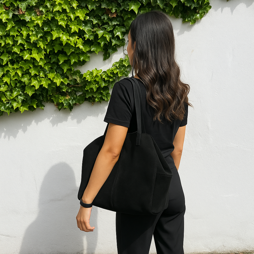 Woman in black outfit wearing a black suede tote bag on her shoulder against a white wall with greenery