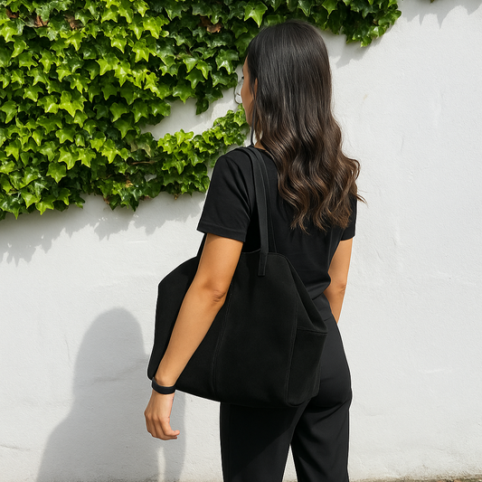 Woman in black outfit wearing a black suede tote bag on her shoulder against a white wall with greenery