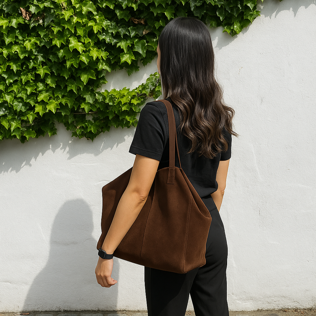 Woman wearing a chocolate brown suede tote bag on her shoulder against a white wall with greenery