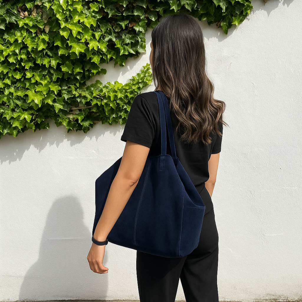 Person wearing a navy blue suede tote bag on her shoulder against a white wall with green foliage