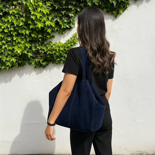 Person wearing a navy blue suede tote bag on her shoulder against a white wall with green foliage