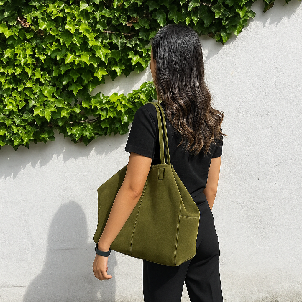 Woman wearing an olive green suede tote bag on her shoulder against a white wall with greenery