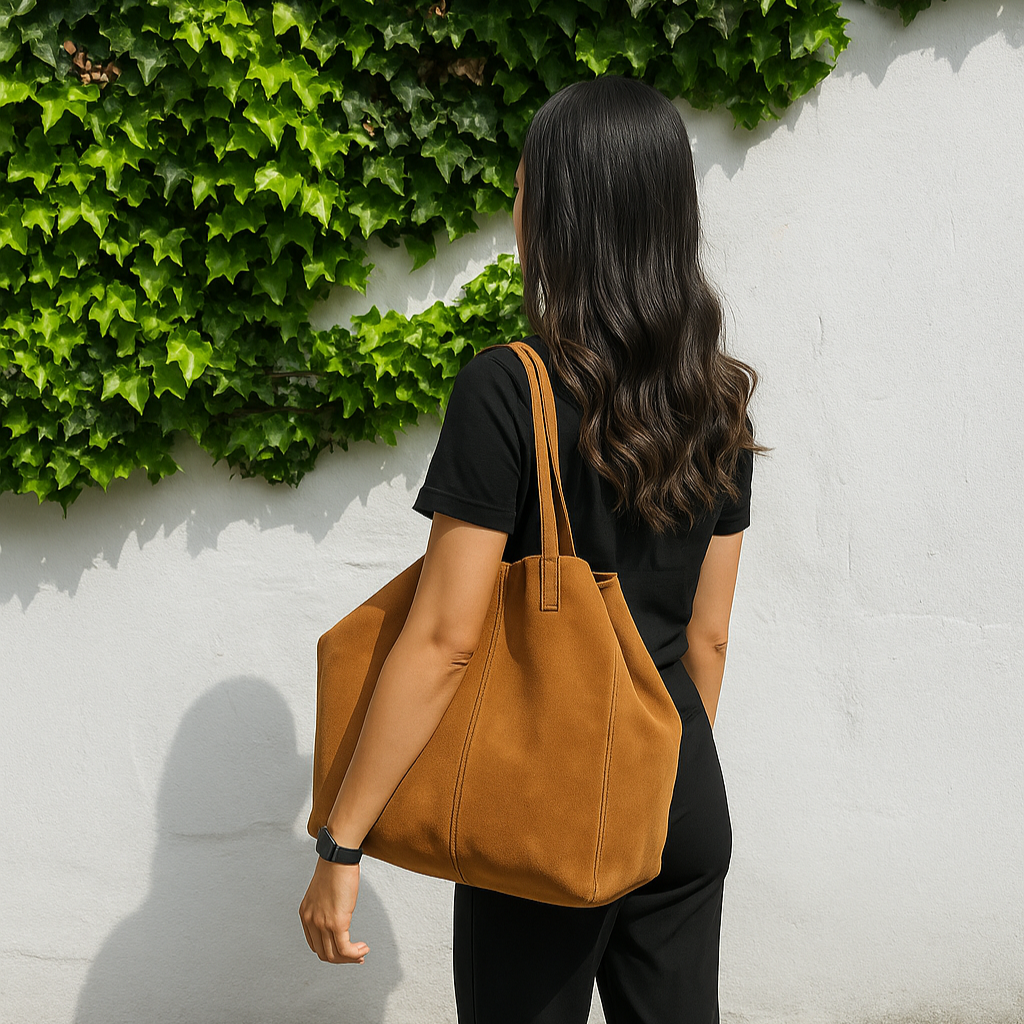 Woman wearing a tan suede tote bag on her shoulder against a white wall with green ivy