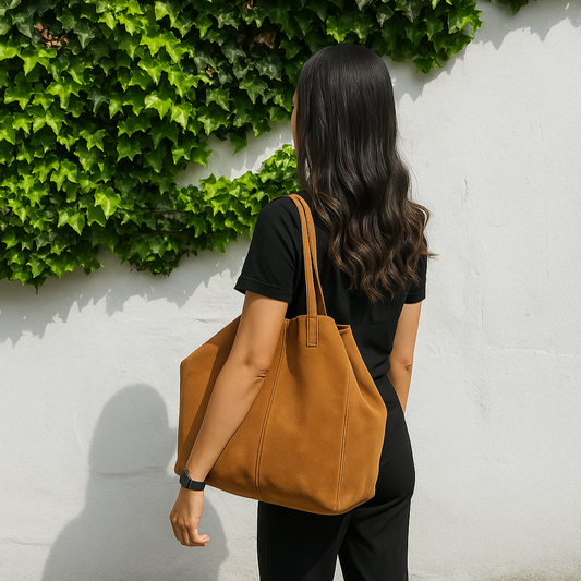 Woman wearing a tan suede tote bag on her shoulder against a white wall with green ivy