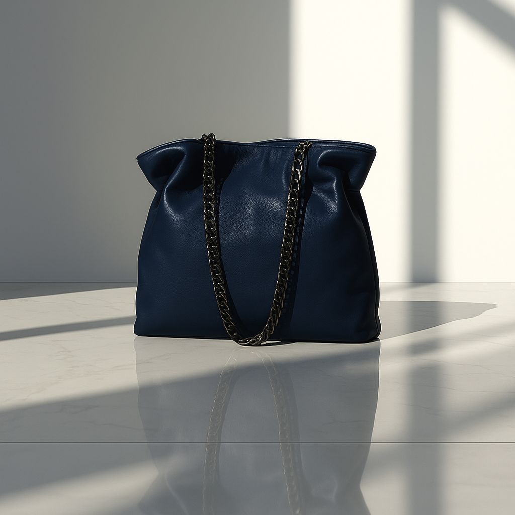 Navy blue handbag with a chain detail on a reflective surface with light and shadow play.