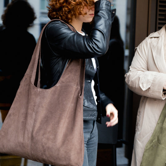 Over the shoulder rounded slouchy soft large modern tote bag in chocolate suede 